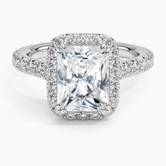 radiant cut halo double claw set engagement ring white face