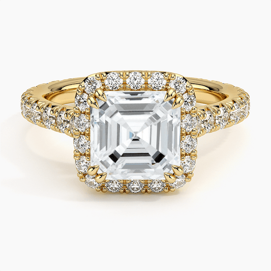asscher cut double claw prongs halo engagement ring with pave setting yellow gold face view