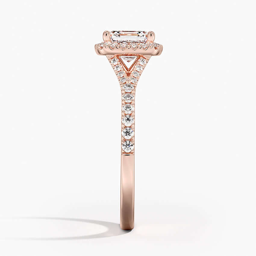 asscher cut diamond halo engagement ring rose gold side view