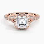 asscher cut diamond halo engagement ring rose gold face view