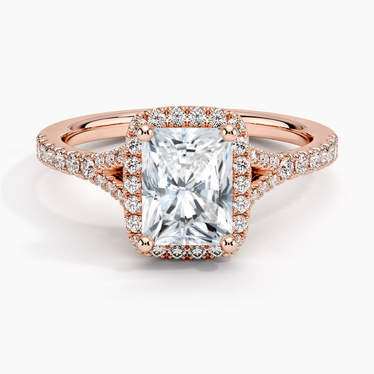 radiant cut lab diamond engagement ring pave setting rose face