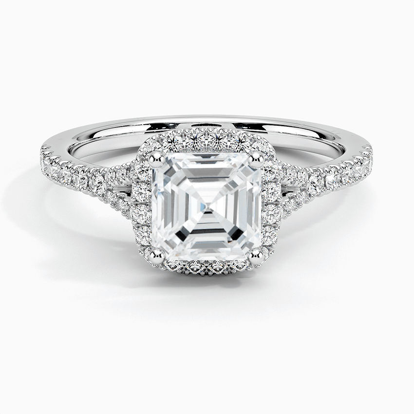 asscher cut diamond halo engagement ring white gold face view