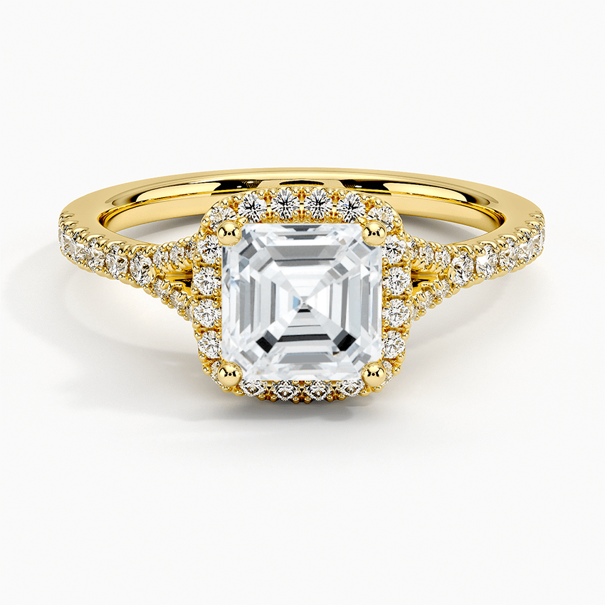 asscher cut diamond halo engagement ring yellow gold face view