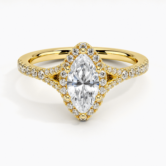 marquise halo diamond engagement ring yellow gold face view