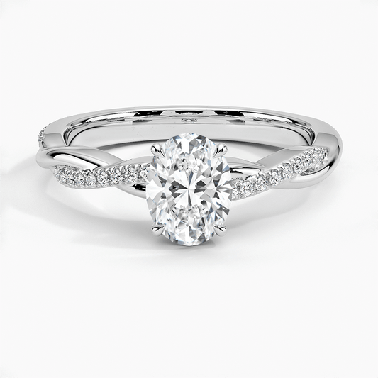 oval diamond white gold spiral vine engagement ring face view