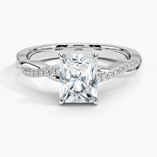 engagement ring 14k white gold radiant diamond with setting on the side front view