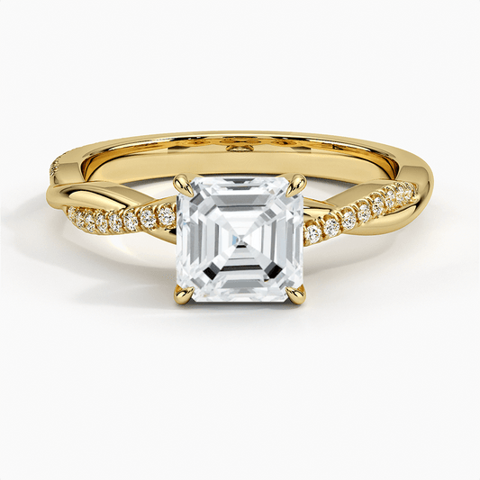 Asscher cut diamond twisted vine engagement ring yellow gold face view