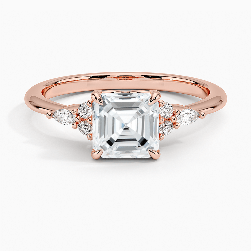 asscher cut lab diamond with round and marquise on sides face rose