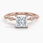 Engagement ring princess diamond with 4 round diamonds rose gold face view