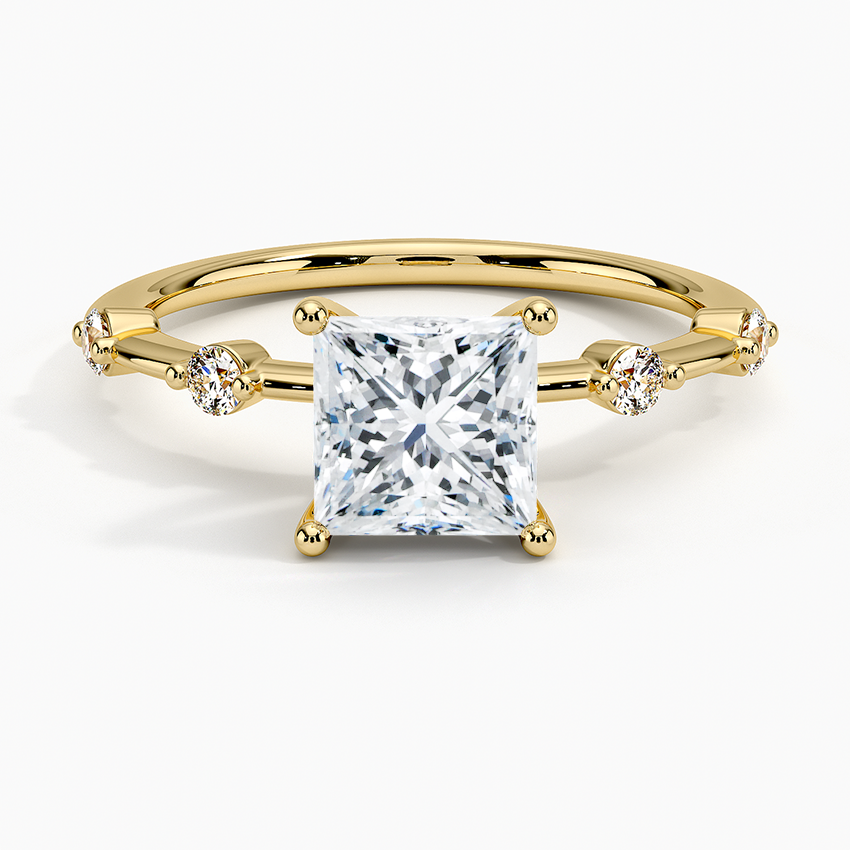 Princess Cut Engagement ring yellow gold 4 round diamonds face view