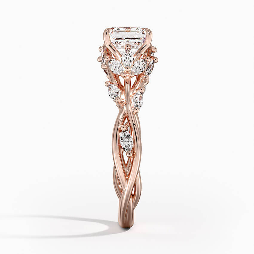 nature inspired asscher cut lab diamond engagement ring with marquise diamonds rose side