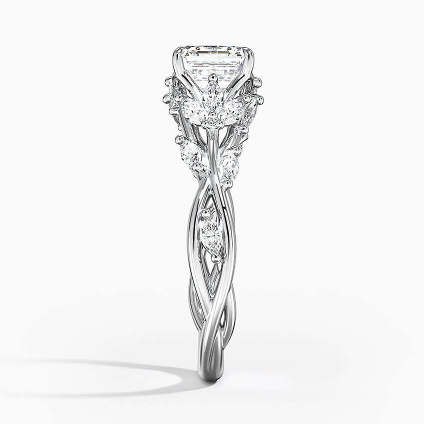 nature inspired asscher cut lab diamond engagement ring with marquise diamonds white side