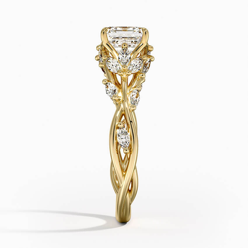 nature inspired asscher cut lab diamond engagement ring with marquise diamonds yellow side