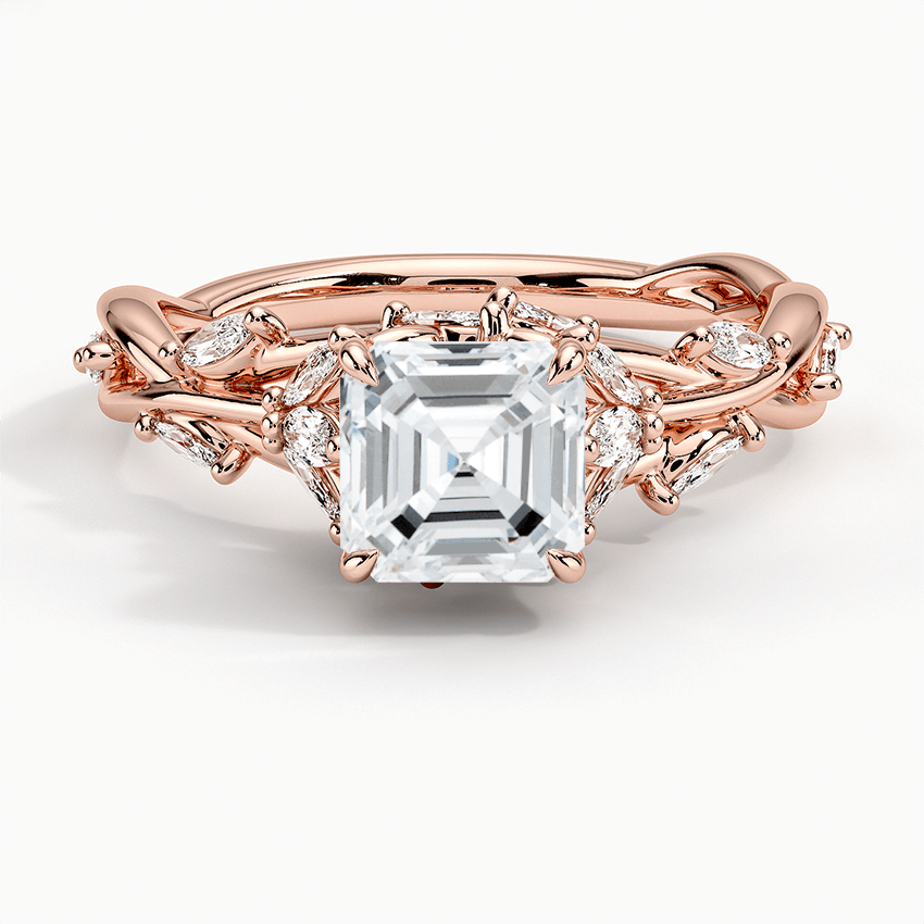 nature inspired asscher cut lab diamond engagement ring with marquise diamonds rose face