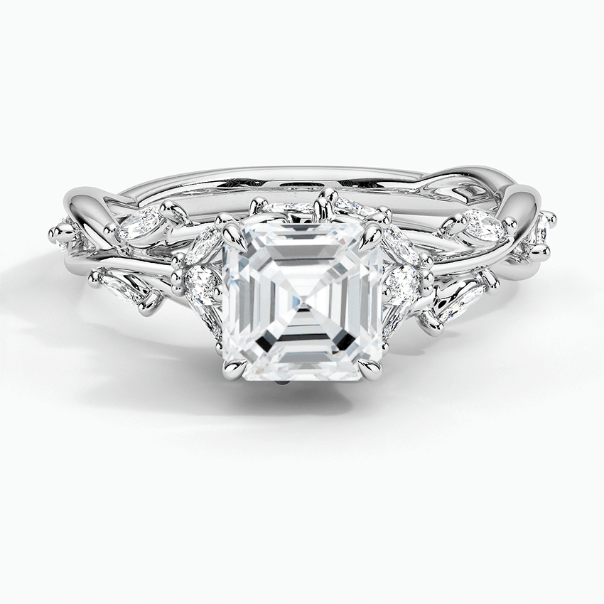 nature inspired asscher cut lab diamond engagement ring with marquise diamonds white face