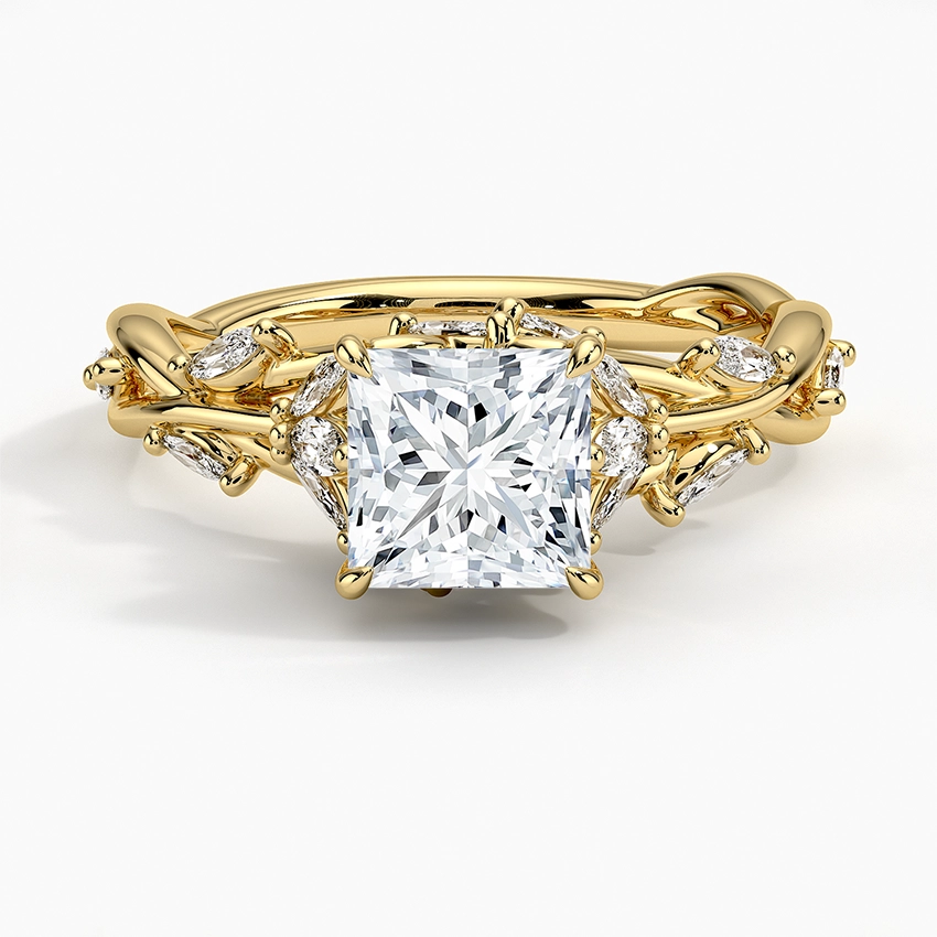 yellow gold engagement ring princess cut with marquise on sides face view