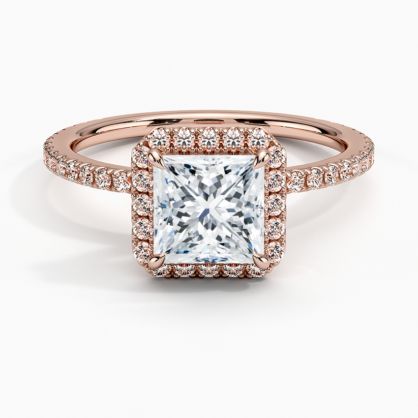 princess diamond halo engagement ring rose gold face view