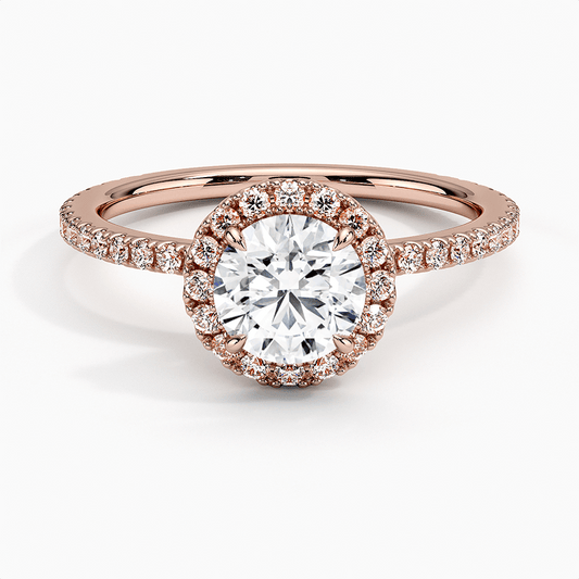 Round diamond halo engagement ring with diamond set bridge rose gold face view