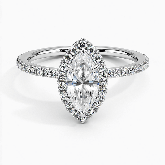 Halo marquise engagement ring claw prong white gold face view