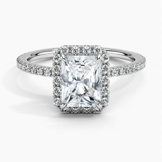 radiant cut lab diamond engagement ring halo setting white face