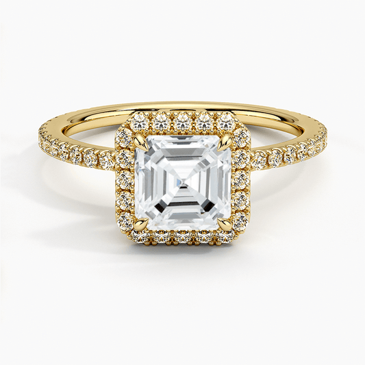 asscher cut halo engagement ring claw prongs pave set yellow face