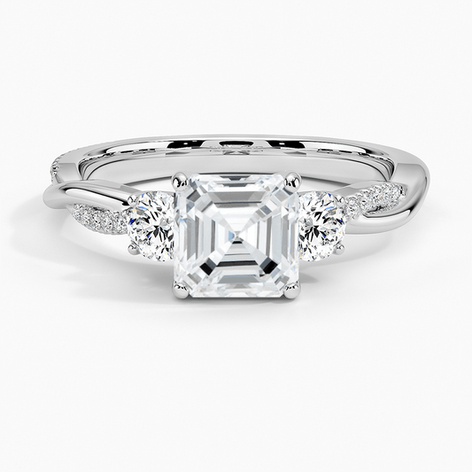 white gold three stone engagement ring asscher cut pave setting face view