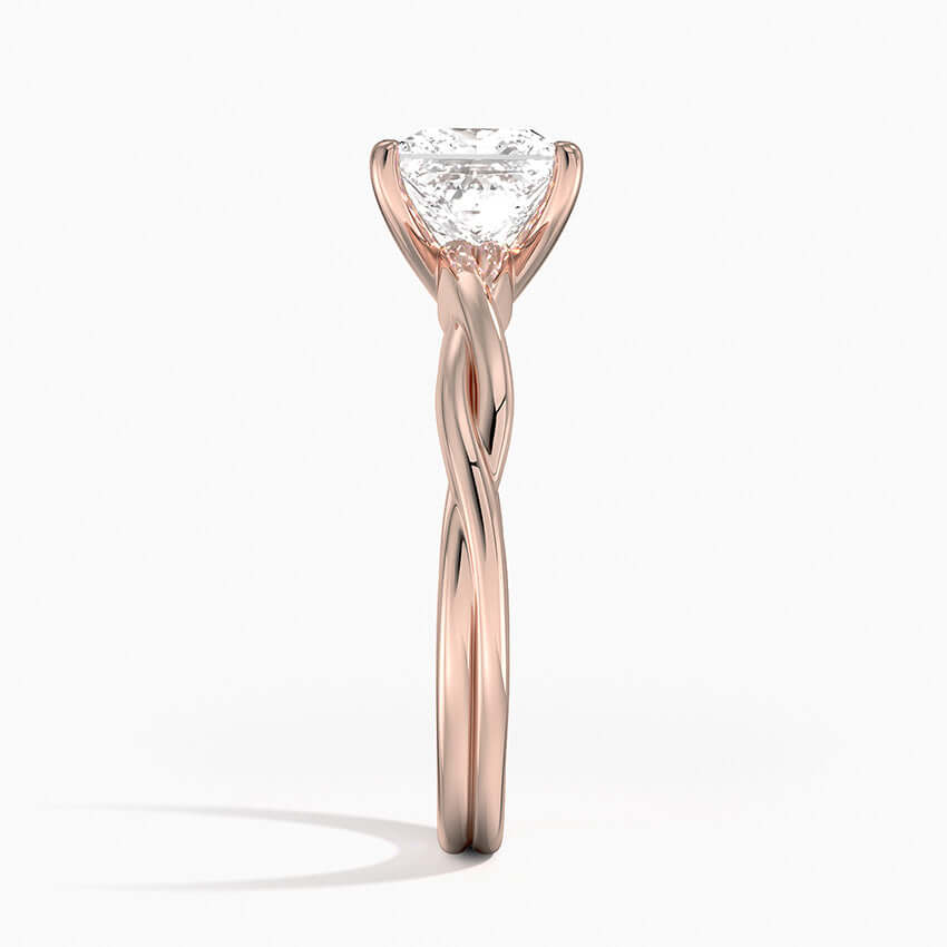 princess cut diamond entwined twisted solitaire rose gold side view