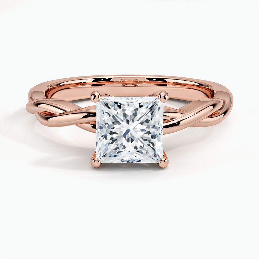 princess cut diamond entwined twisted solitaire rose gold face view