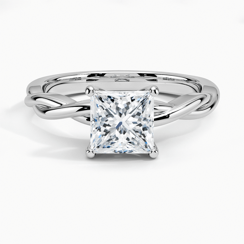 princess cut diamond entwined twisted solitaire white gold face view