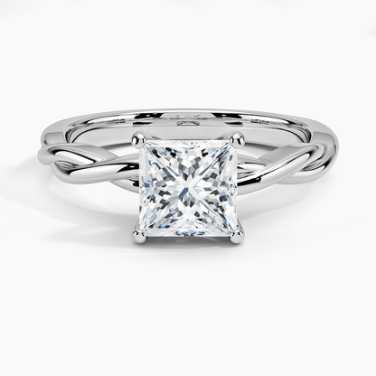 princess cut diamond entwined twisted solitaire white gold face view