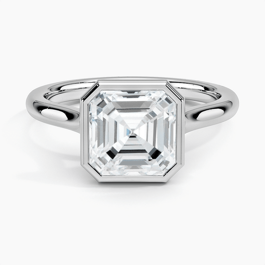 bezel engagement ring asscher cut white gold face view