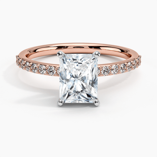 2 tone radiant cut pave set engagement ring rose face