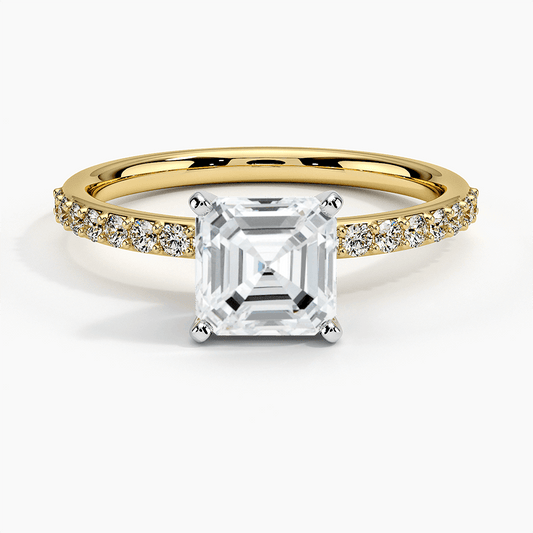 Engagement ring asscher cut yellow gold with white head face view