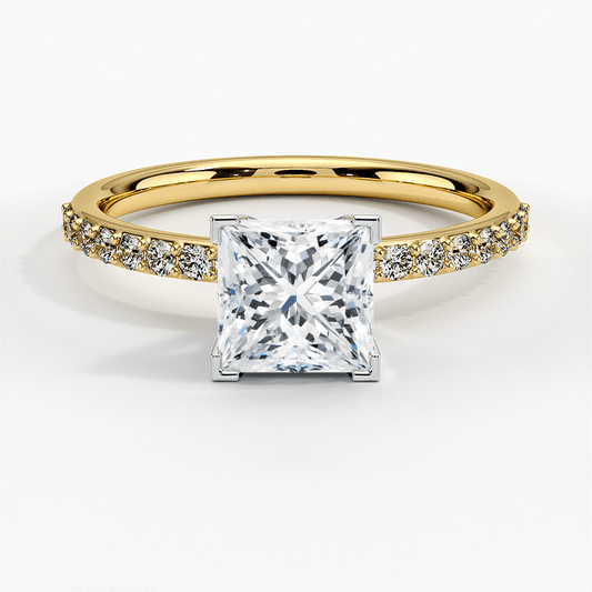 princess cut solitaire ring with white gold head yellow face