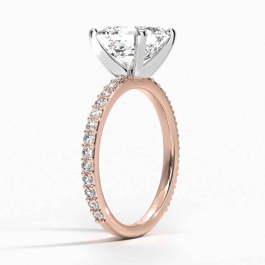 two tone asscher cut diamond with pave setting engagement ring rose gold