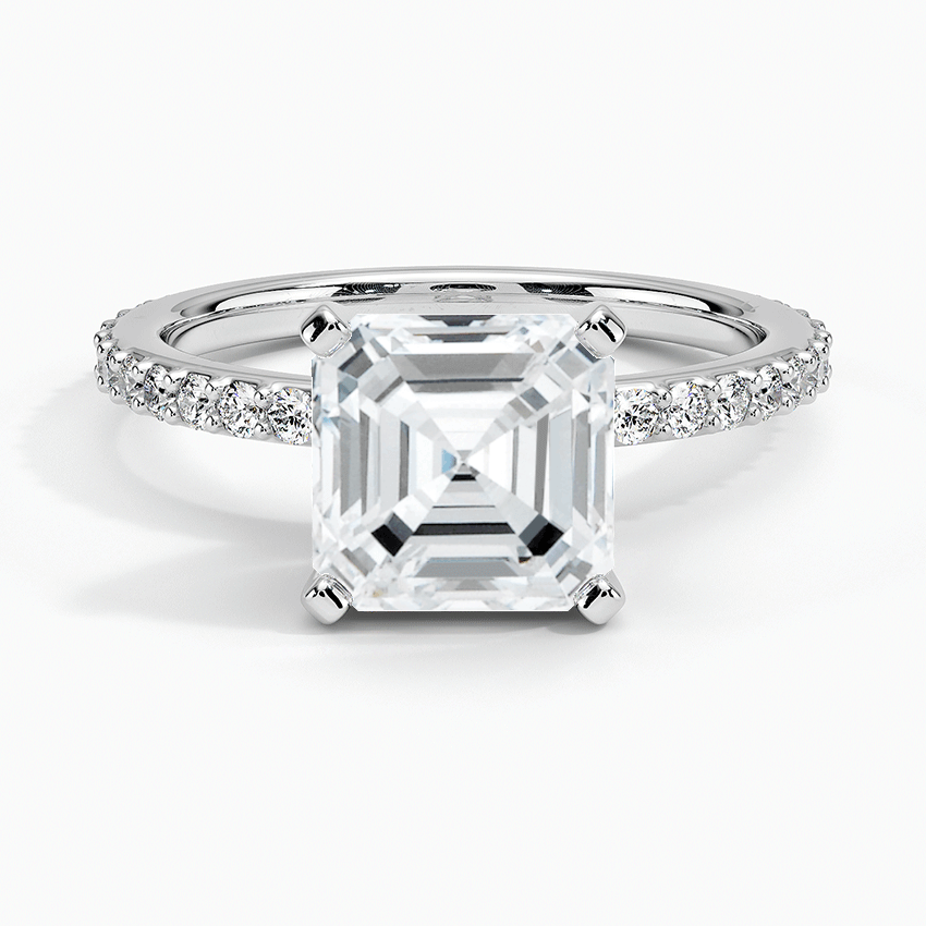 two tone asscher cut diamond with pave setting engagement ring white gold face view