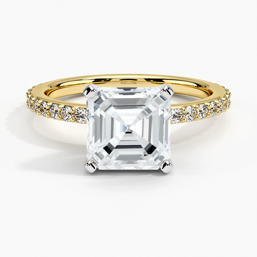 two tone asscher cut diamond with pave setting engagement ring yellow gold face view