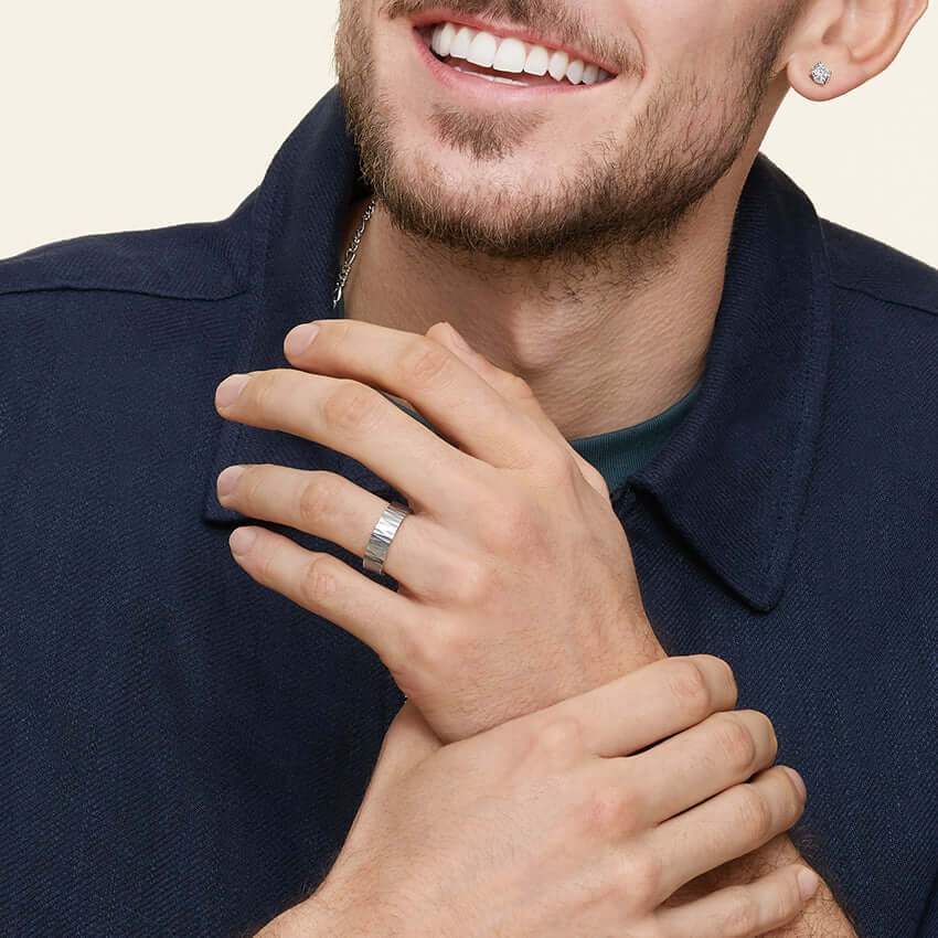 2nd male model wearing ripple wedding band