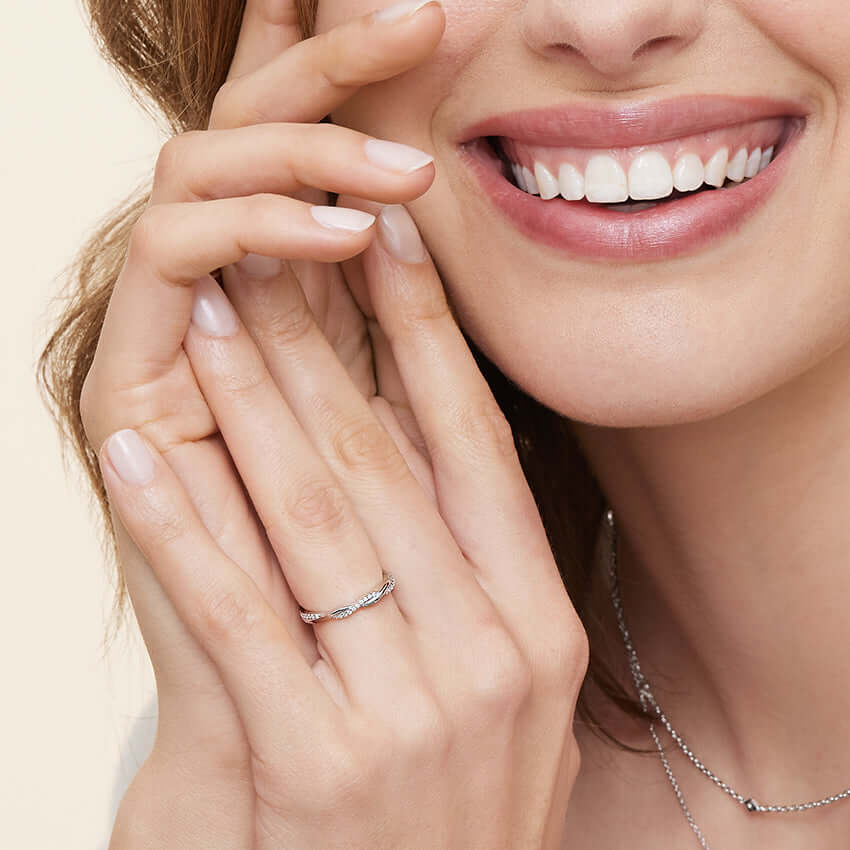 2nd model wearing nature inspired twisted women wedding ring 