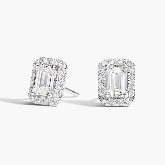 emerald cut diamond halo studs with diamond setting 14k white gold