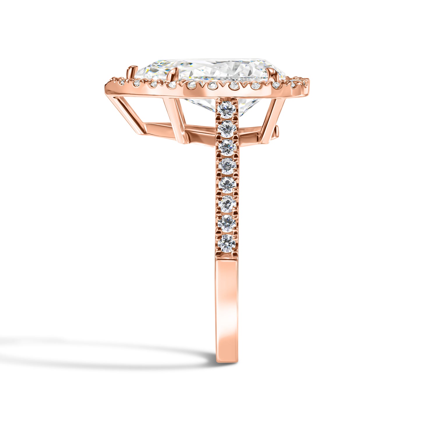 Rose gold ring with a diamond on a white background