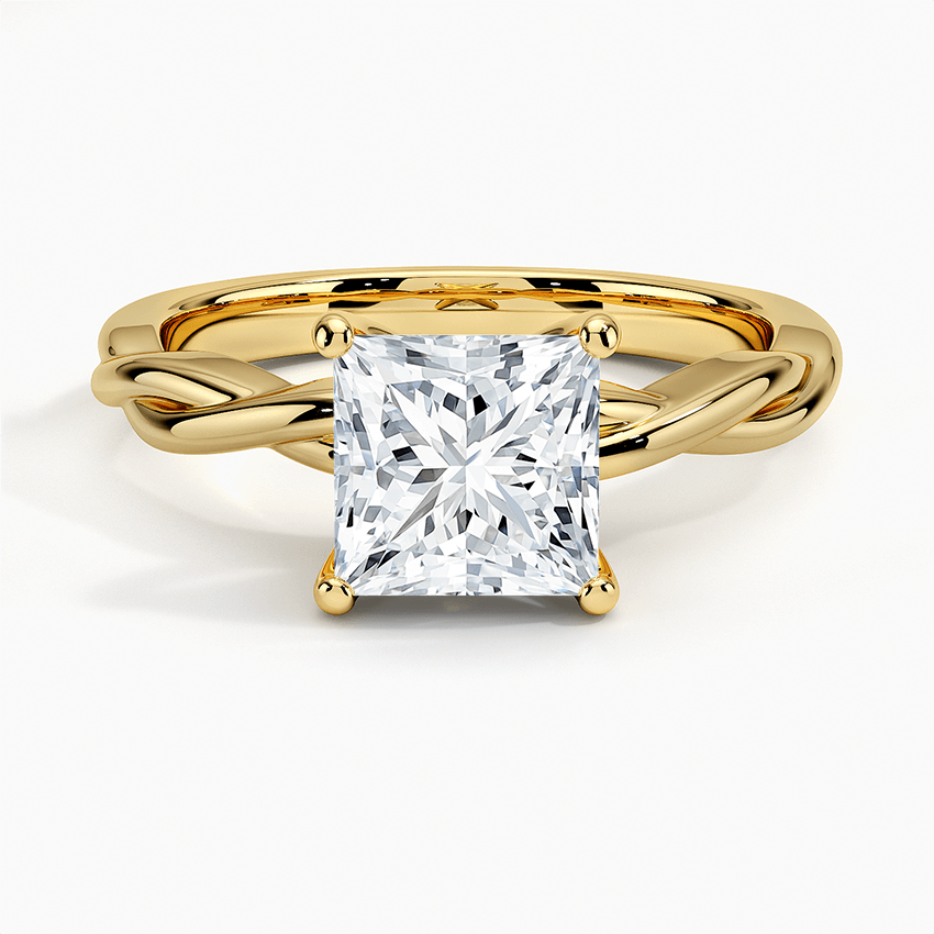 princess cut diamond entwined twisted solitaire yellow gold face view